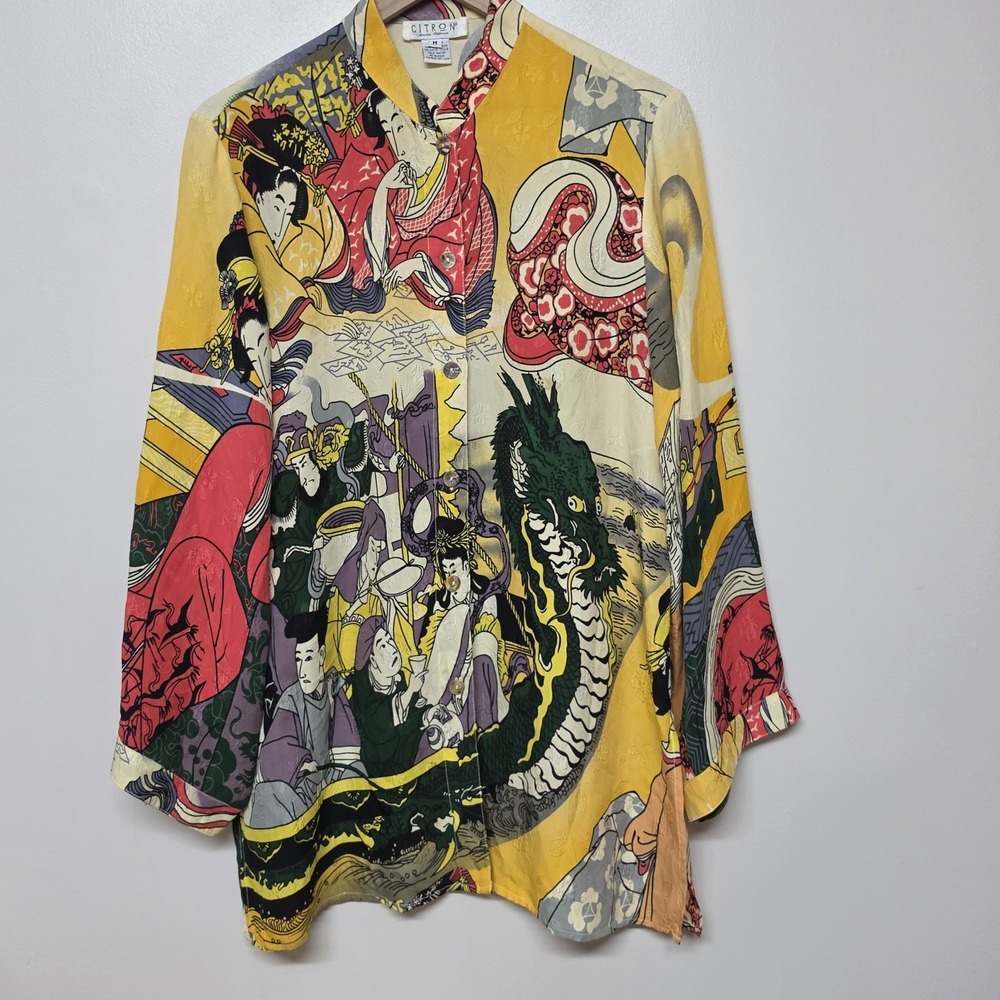 Citron Santa Monica Silk Button Tunic Asian Novelty Print Womens M Yellow Dragon